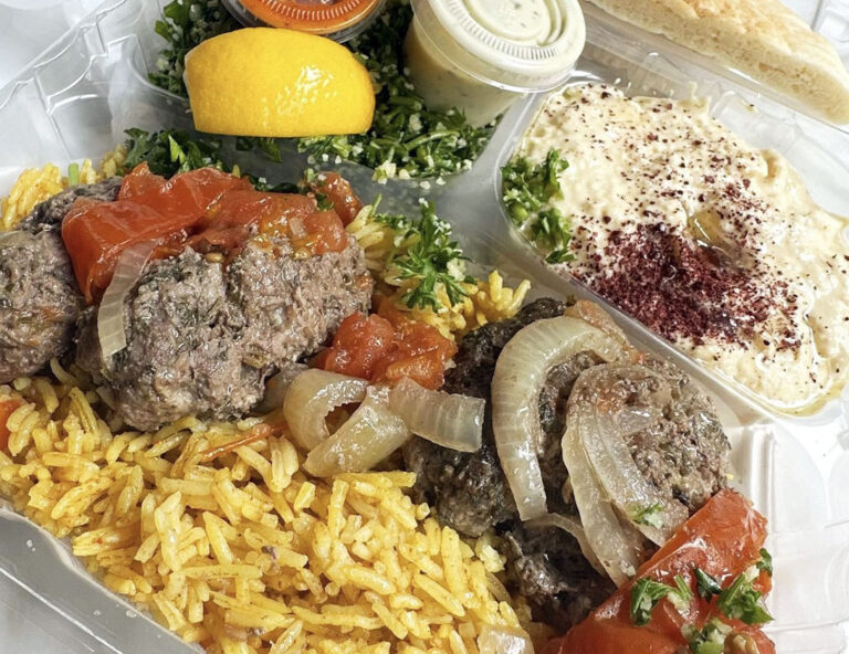 Feast Dinner: Which consists of Falafel, Hummus, Tabuli, Rice & Lentils or Curry Basmati Rice, Pita, Baked Kefta kebab, Chicken Shawerma and Baba Ganuj.