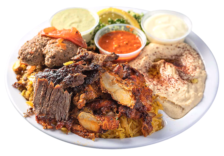 Sultan's Market Meat Combo comes with Lamb Shawarma, Chicken Shawarma and kefta kabob with a side of garlic and tahini sauce.